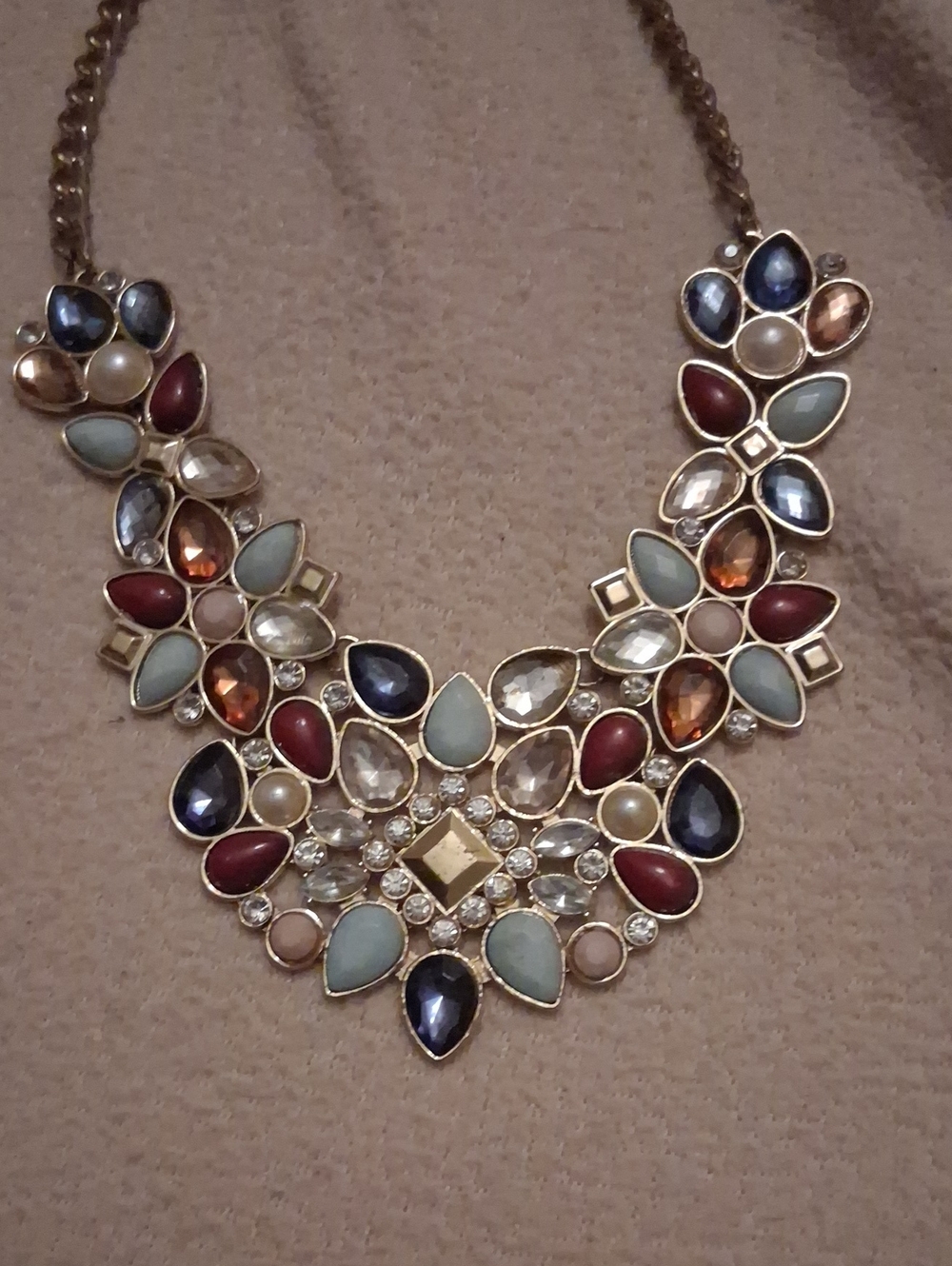 Multi-Color Gemstone Bib Necklace in Gold Tone
